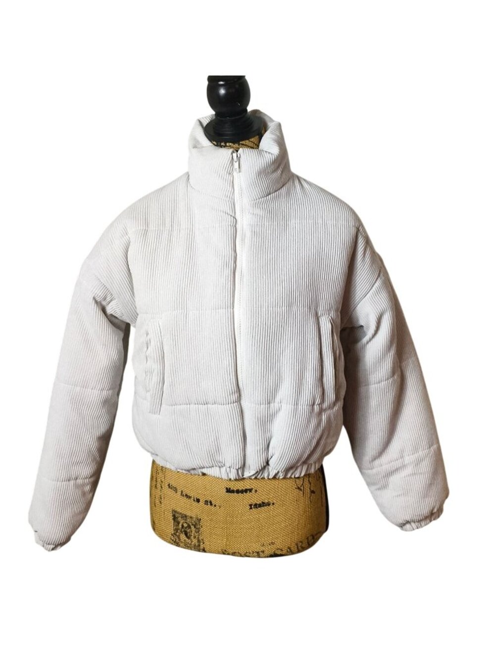 Ashley Womens S Crop Puffer Jacket White Corduroy Trendy Edgy Streetwear Cozy